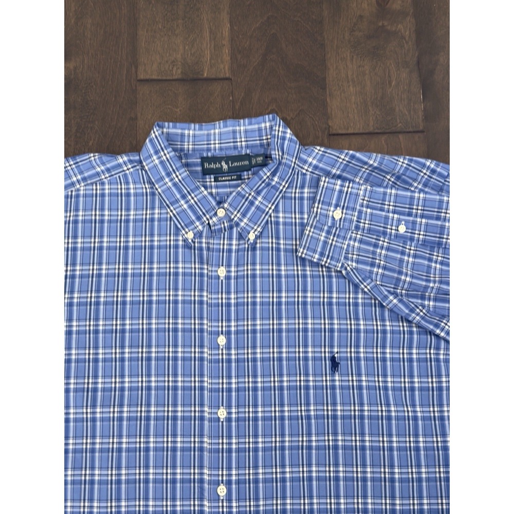 Ralph Lauren Mens Blue Plaid Button Down Long Sleeve Shirt Size 3XB Navy Pony